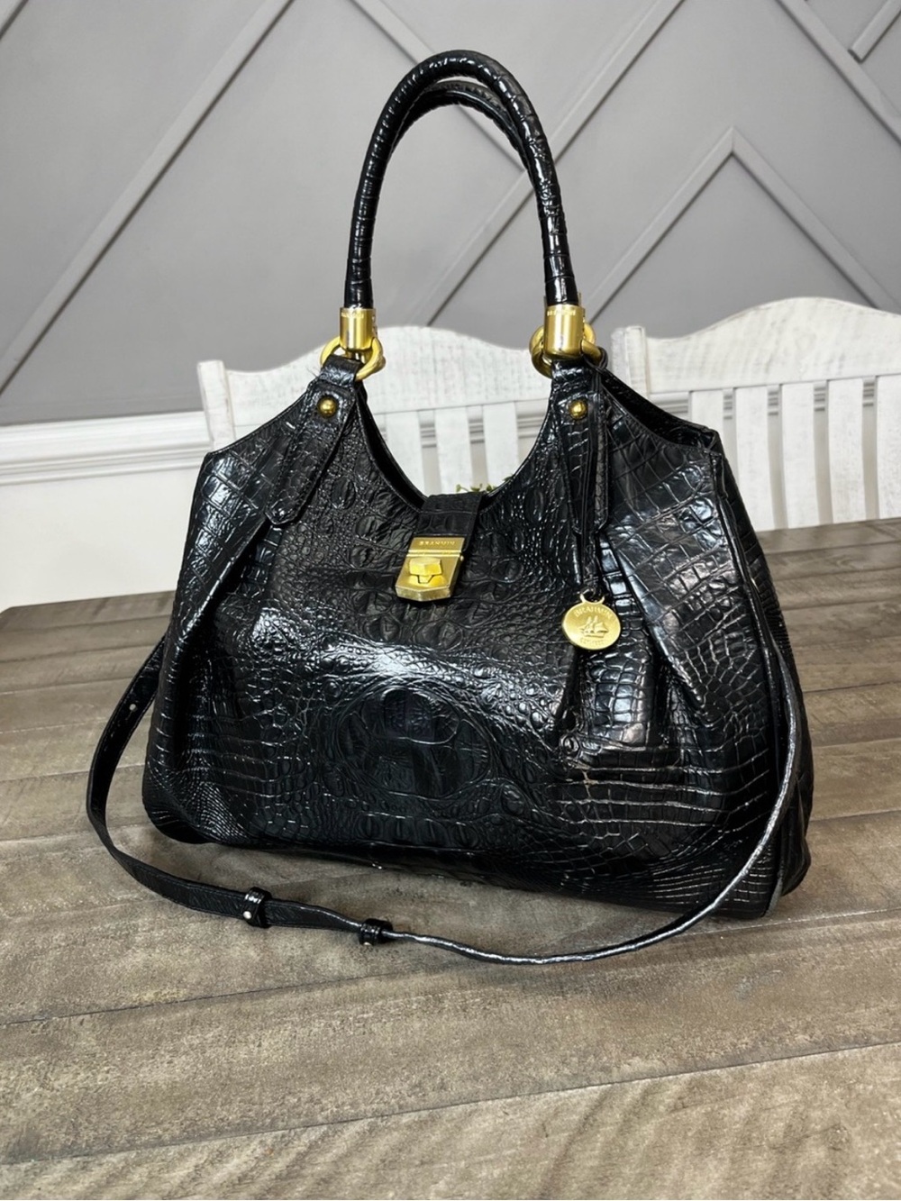 BRAHMIN Black Elisa Melbourne Croc Embossed Leather Satchel Shoulder Bag